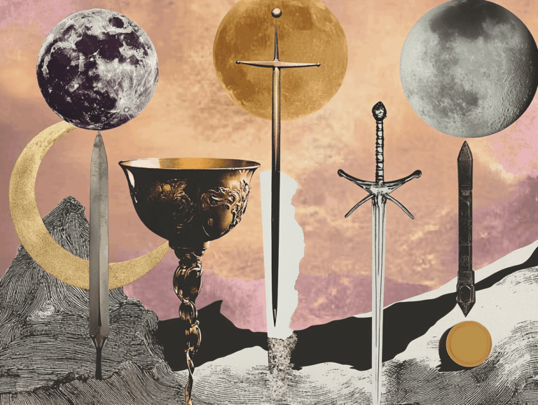 surrealist astrology collage representing four elements of earth fire water air in the major arcana suits