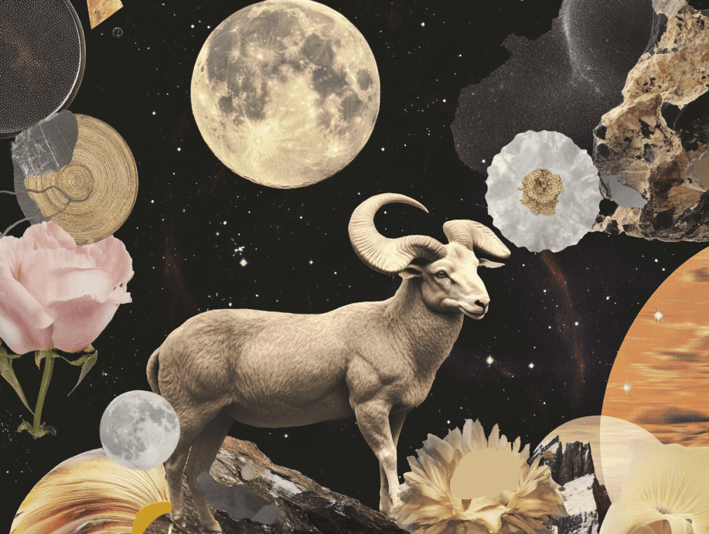 full moon in aries 2025 surrealist astrology collage