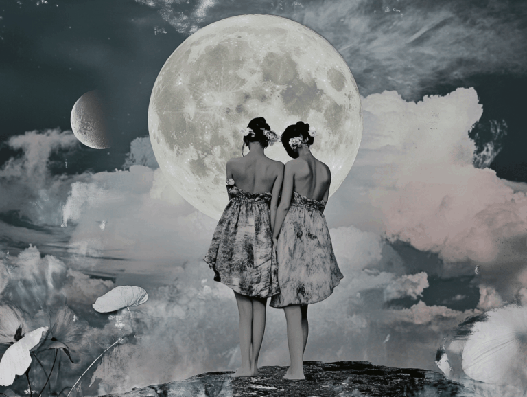 surrealist astrology collage for the full moon in gemini on December 4, 2025