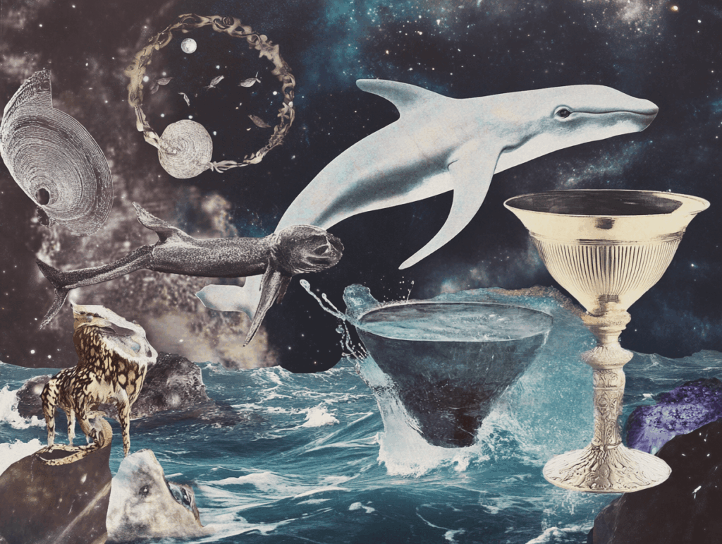 surrealist astrology collage for the suit of cups in the minor arcana tarot cards