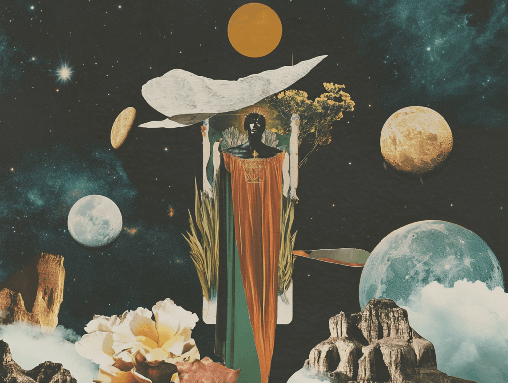 Surrealist astrology collage of the Tarot Horoscope forecast for the week of July 27-August 2, 2025