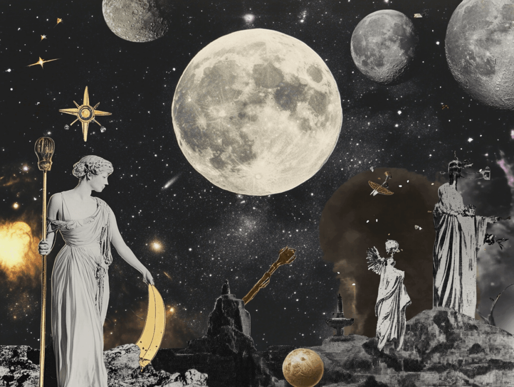 Surrealist astrology collage of the Tarot Horoscope forecast for the week of August 3 – 9, 2025