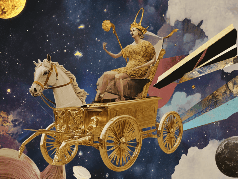 Surrealist astrology collage of the Tarot Horoscope forecast for the week of August 10 – 16, 2025