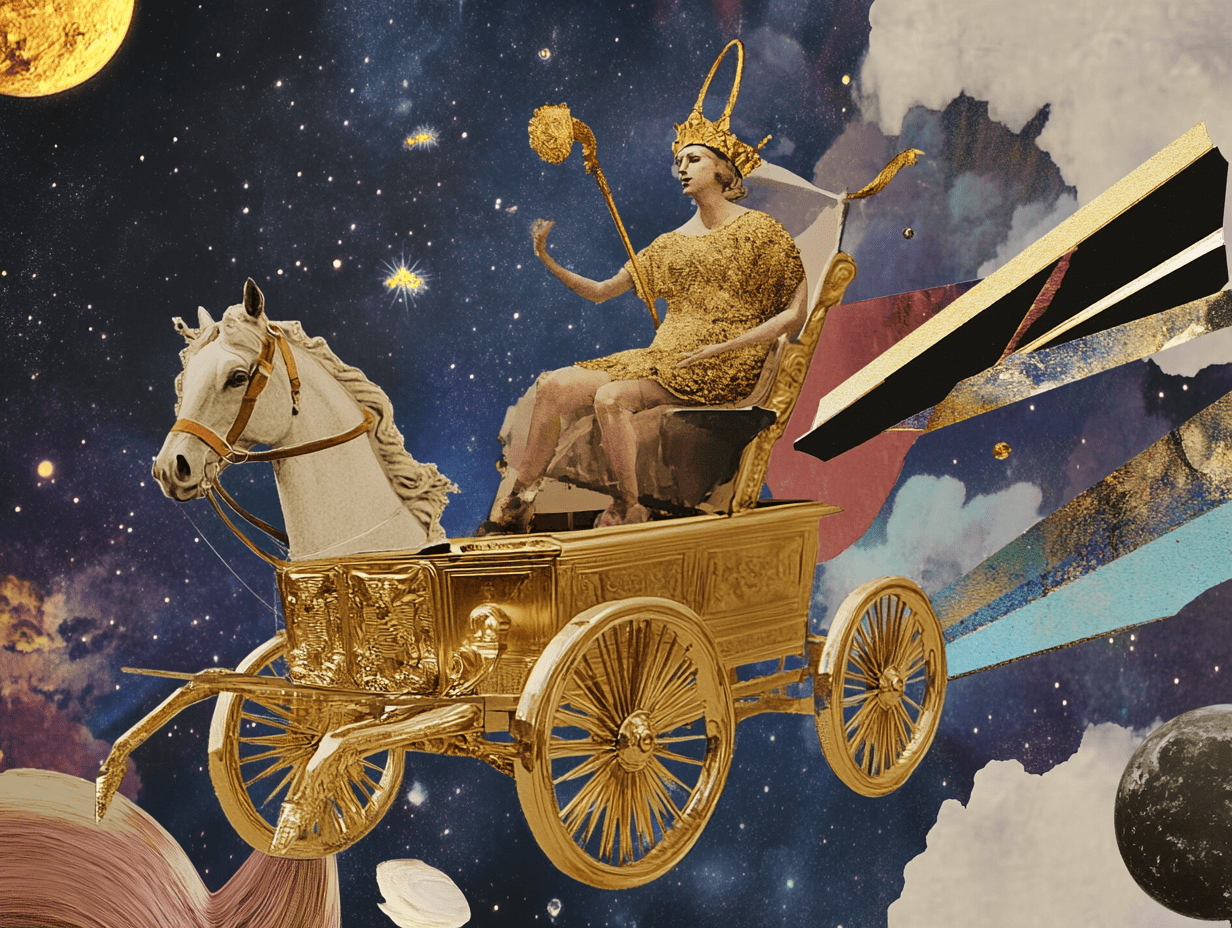 Surrealist astrology collage of the Tarot Horoscope forecast for the week of August 10 – 16, 2025