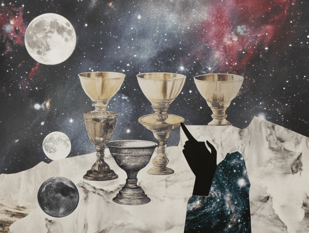 Surrealist astrology collage of the Tarot Horoscope forecast for the week of August 17 – 23, 2025