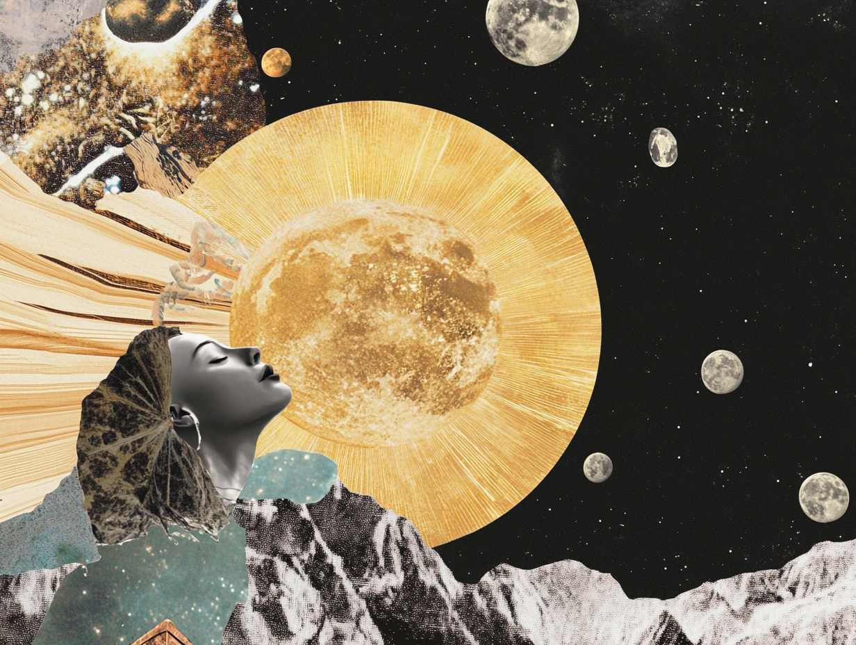 Surrealist astrology collage of the Tarot Horoscope forecast for the week of September 14 – 20, 2025