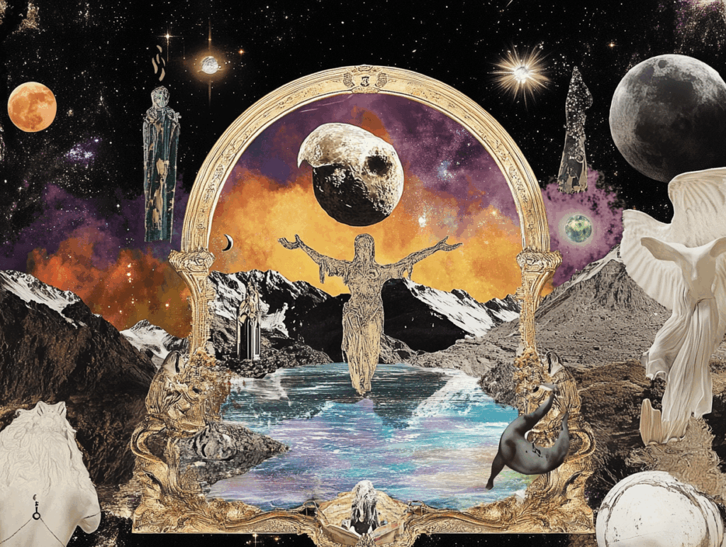 Surrealist astrology collage of the Tarot Horoscope forecast for the week of November 30-December 6, 2025.