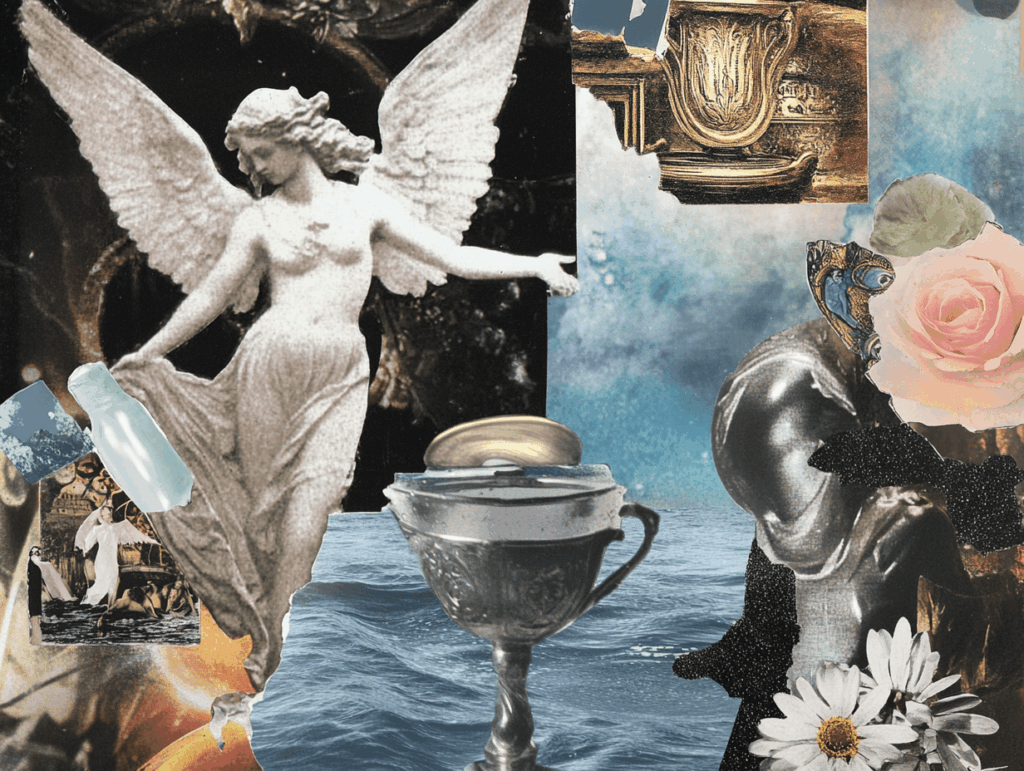 the temperance tarot card in a surrealist astrology and tarot collage