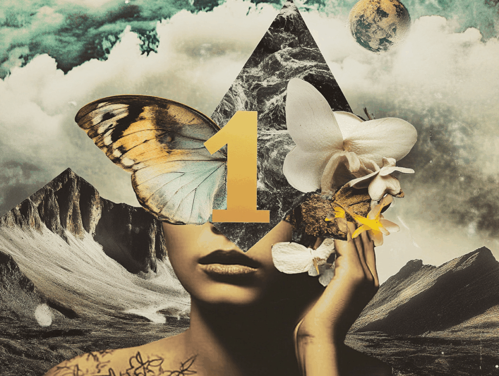 surrealist astrology collage representing 2026 numerology, universal year 1