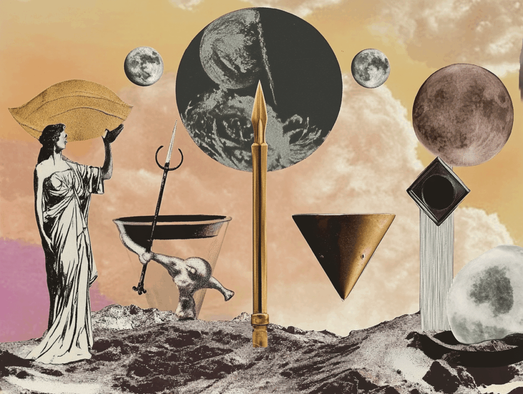 surrealist astrology collage representing the 4 elements (fire, earth, air, water) in astrology