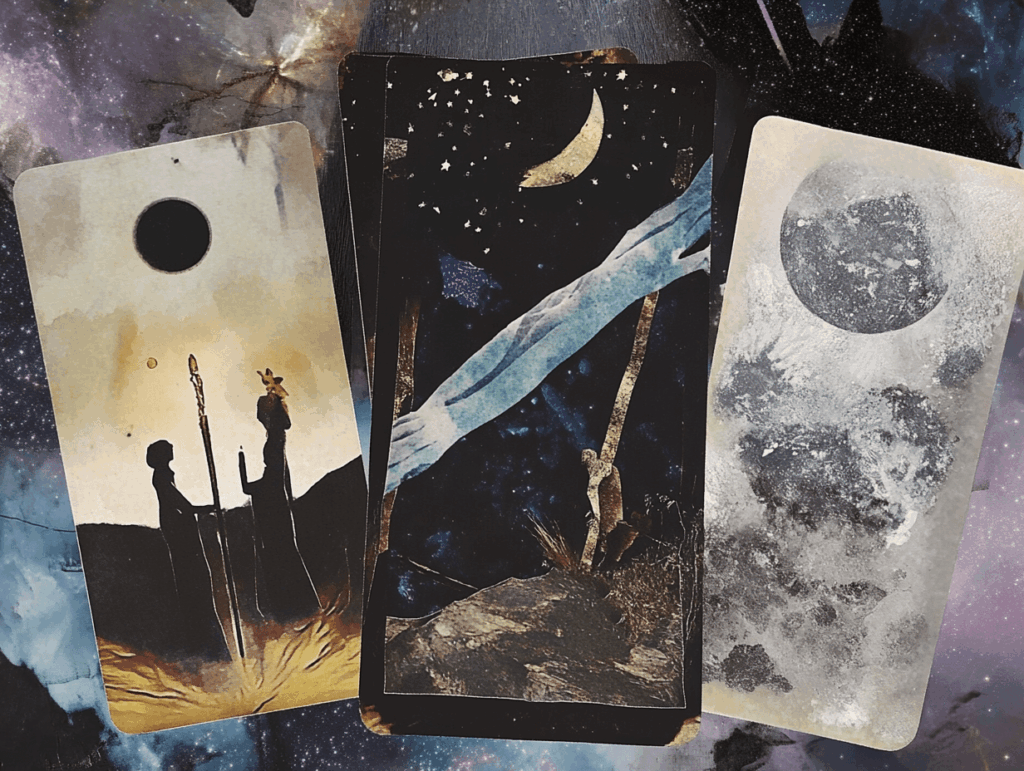 surrealist astrology collage representing a daily draw 3-card tarot spread