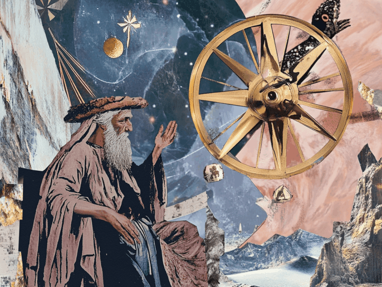 surrealist astrology collage representing fate vs. free will in tarot with the hermit and wheel of fortune cards