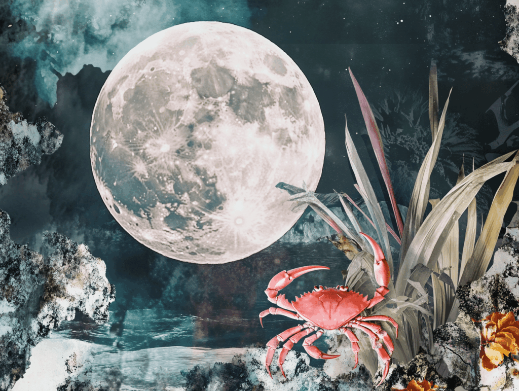 surrealist astrology collage for the full moon in cancer