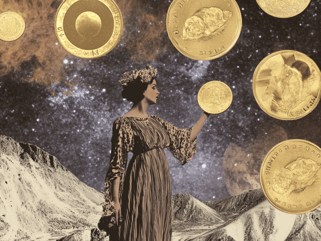 surrealist astrology collage representing the suit of pentacles in the major arcana tarot deck