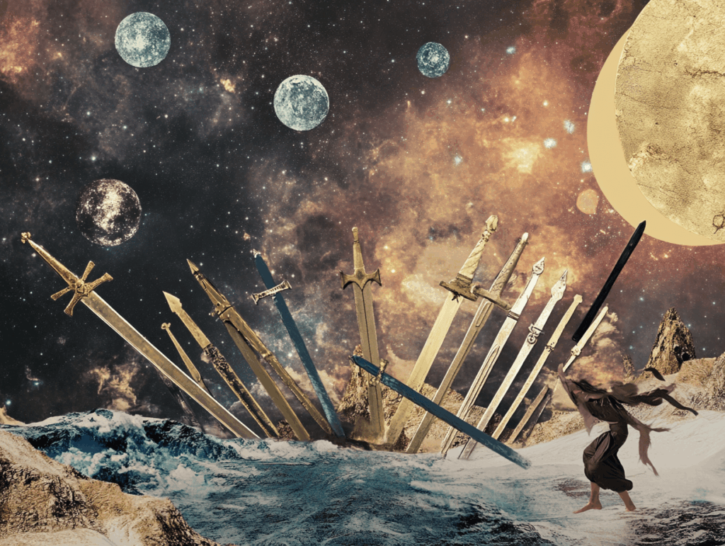 surrealist astrology collage representing the suit of swords in the minor arcana tarot deck