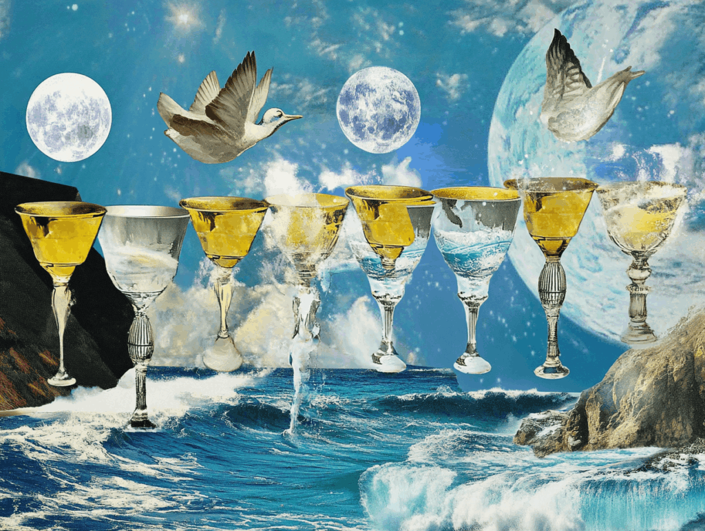 Surrealist astrology collage representing the weekly tarot horoscope for the week of  April 5 – April 11, 2026