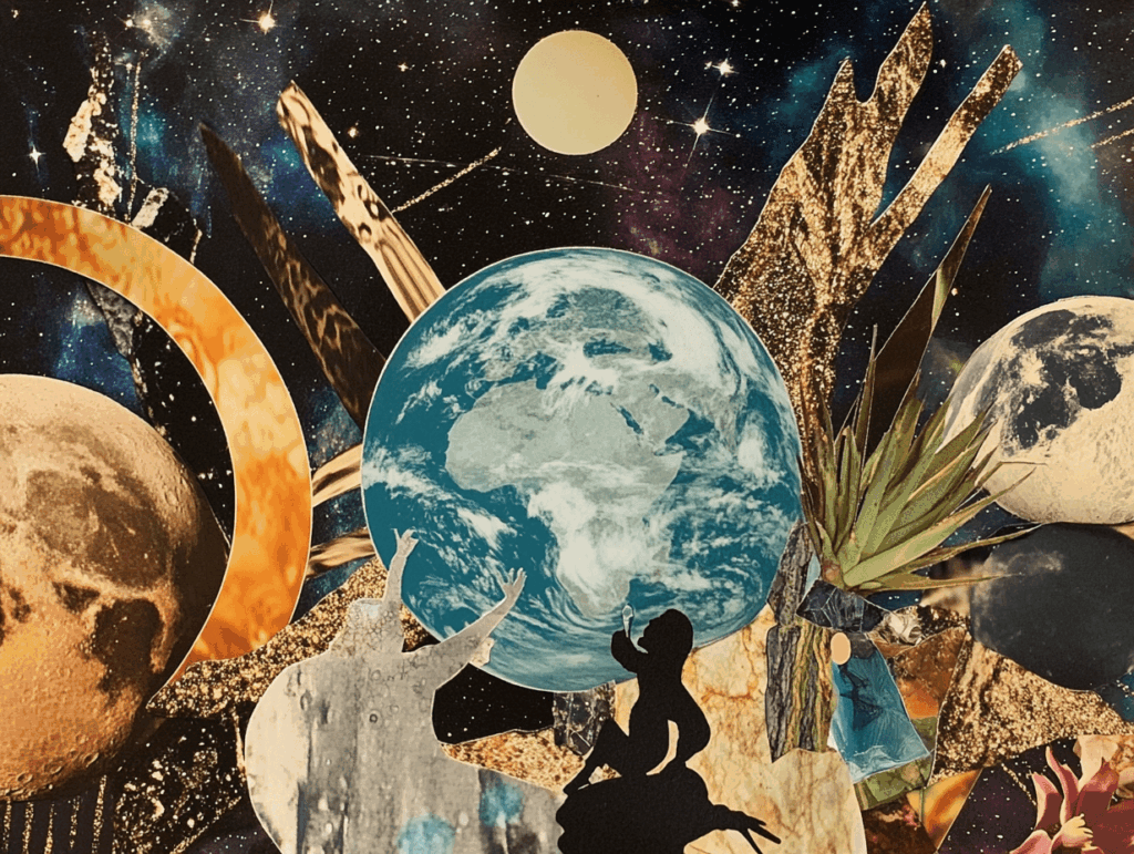 surrealist astrology collage of the weekly tarot horoscope for the week of December 21 - 27th.