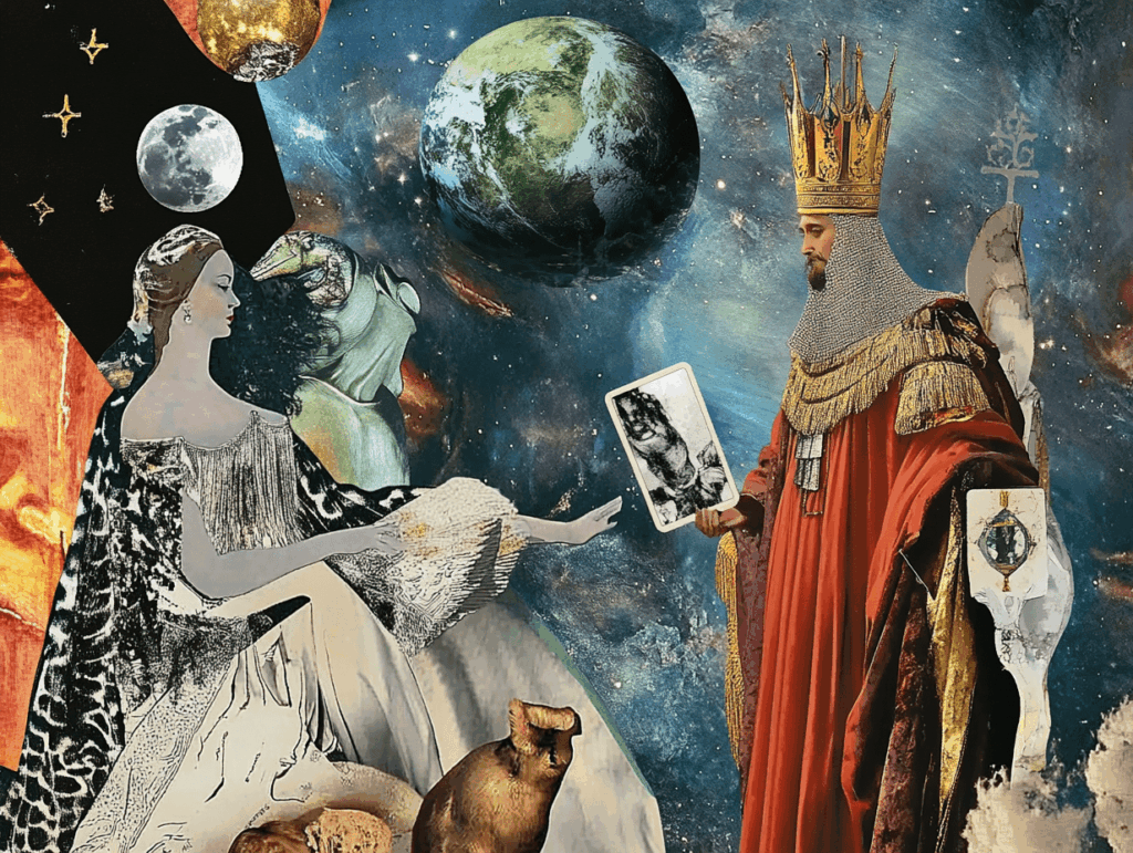surrealist astrology collage representing the empress tarot card and the emperor tarot card