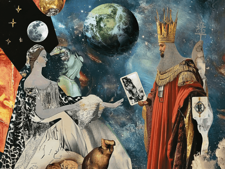 surrealist astrology collage representing the empress tarot card and the emperor tarot card