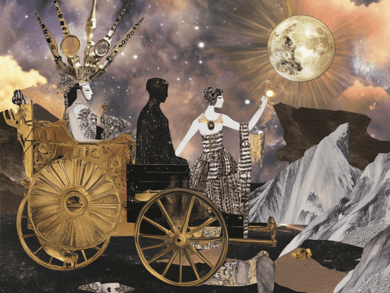 surrealist astrology collage representing the lovers vs. the chariot tarot cards
