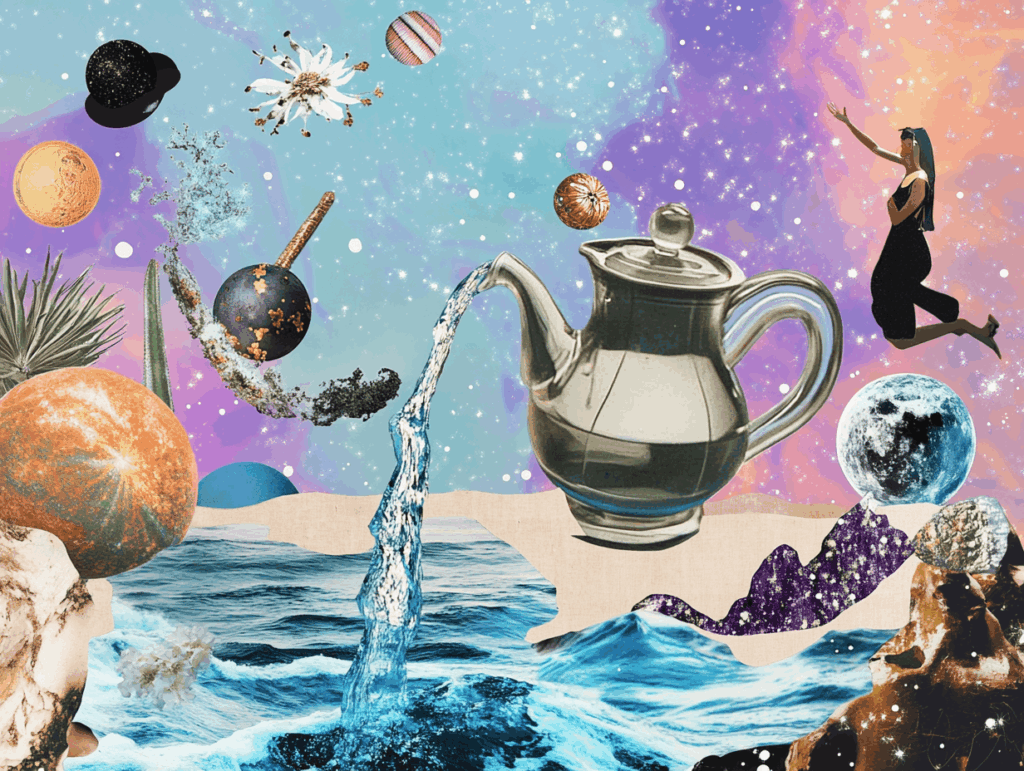 surrealist astrology collage representing aquarius season