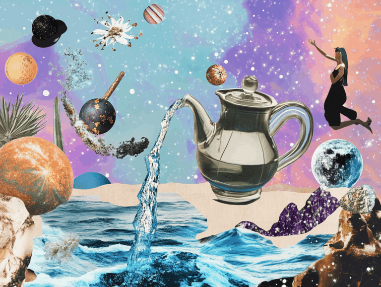 surrealist astrology collage representing aquarius season