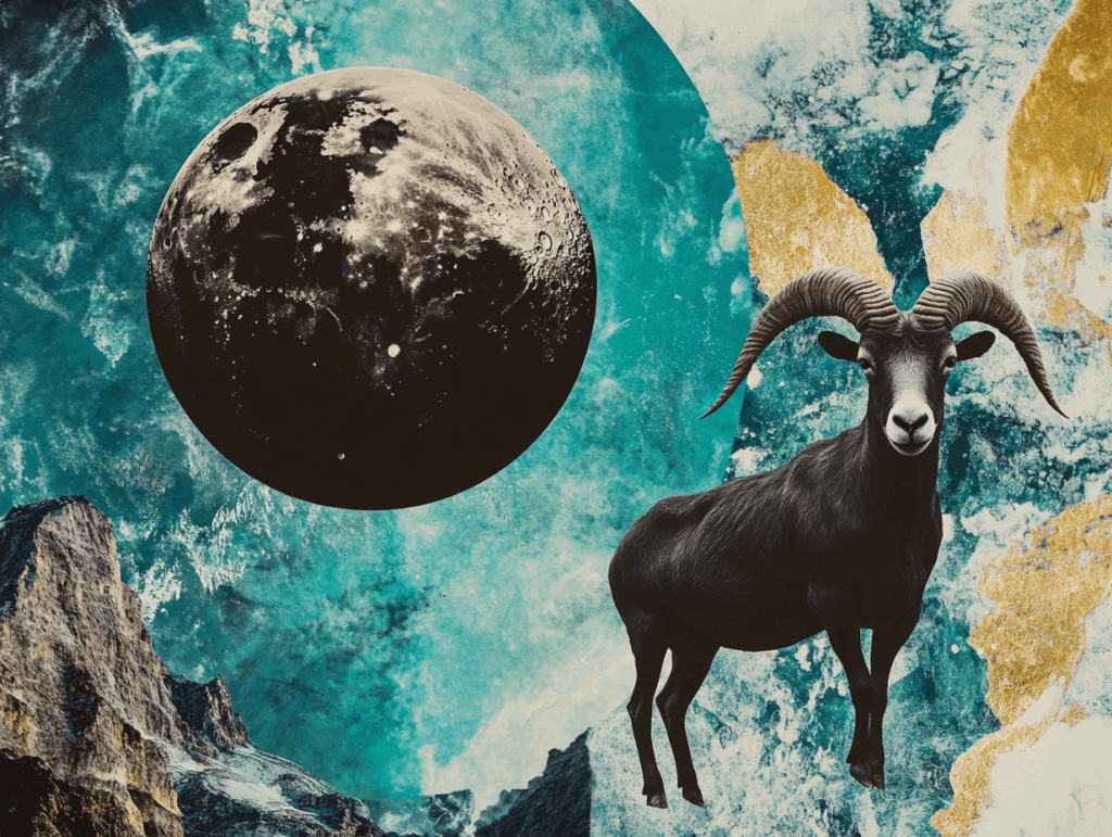 surrealist astrology collage representing the new moon in capricorn