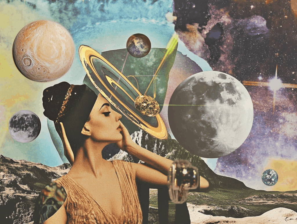 surrealist astrology collage representing the concept of astrology for yes no tarot