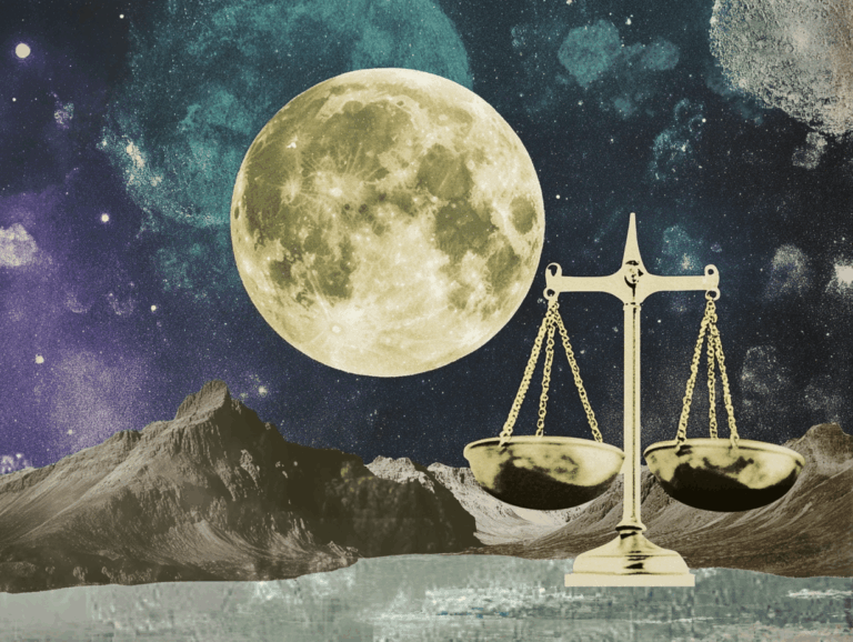 surrealist astrology collage representing the full moon in libra