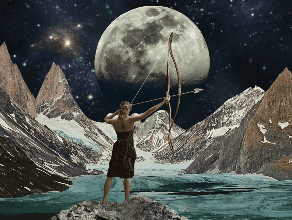 Surrealist astrology collage representing Full Moon in Sagittarius