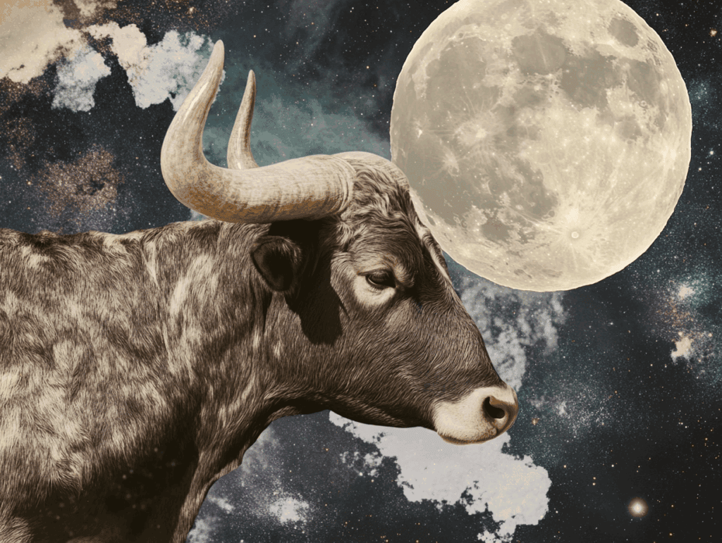 surrealist astrology collage representing the Full Moon in Taurus