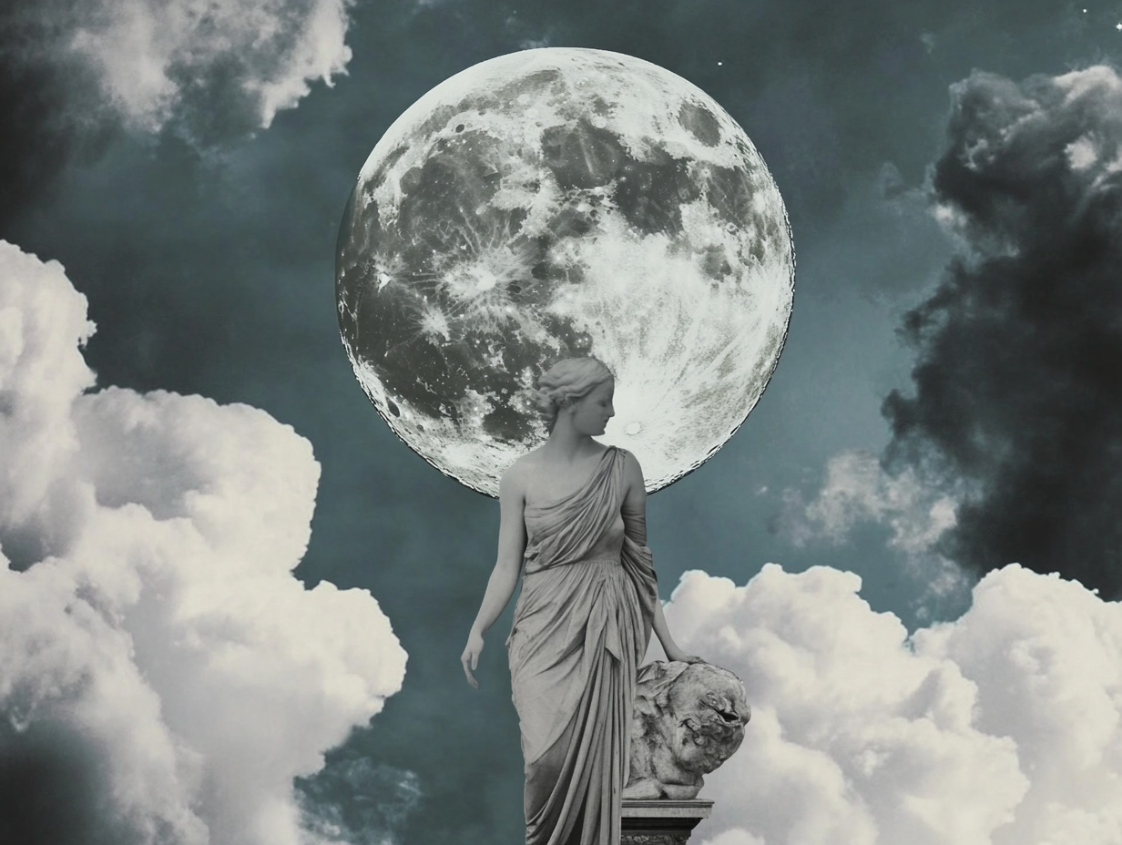 surrealist astrology collage representing the full moon in virgo