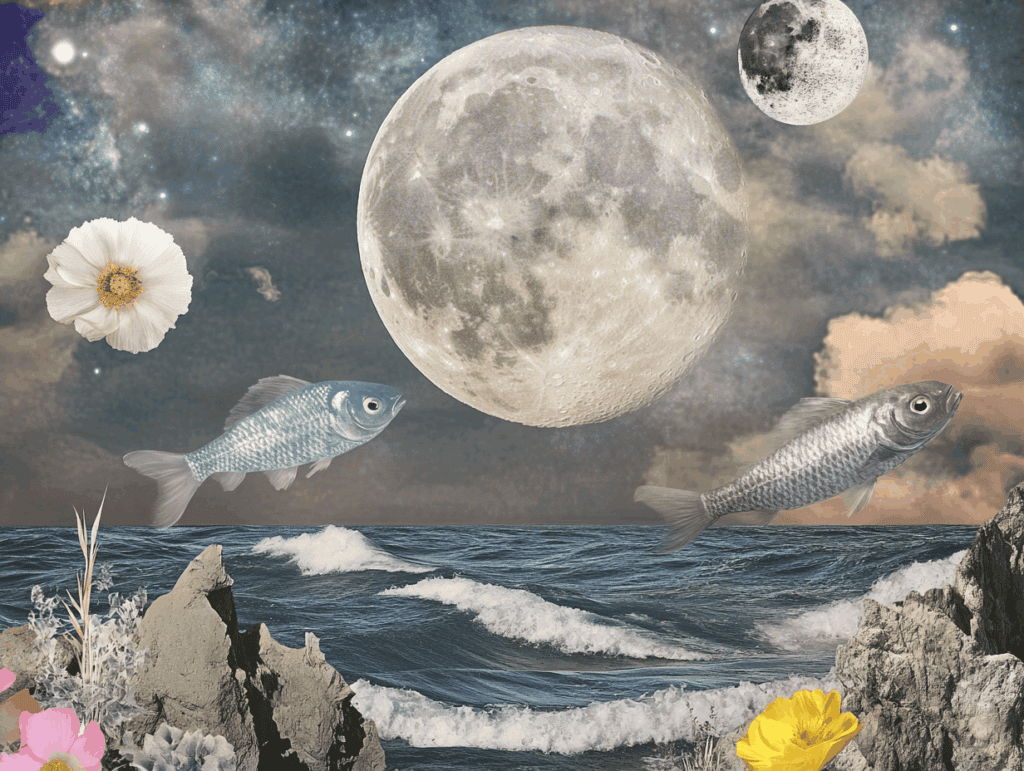 surrealist astrology collage representing the full moon in Pisces