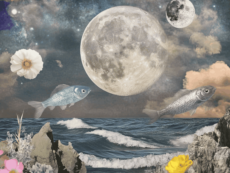 surrealist astrology collage representing the full moon in Pisces
