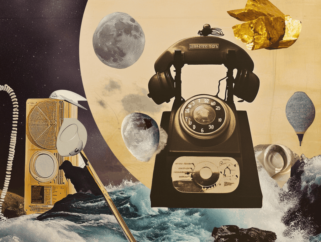 surrealist astrology collage representing mercury retrograde survival guide