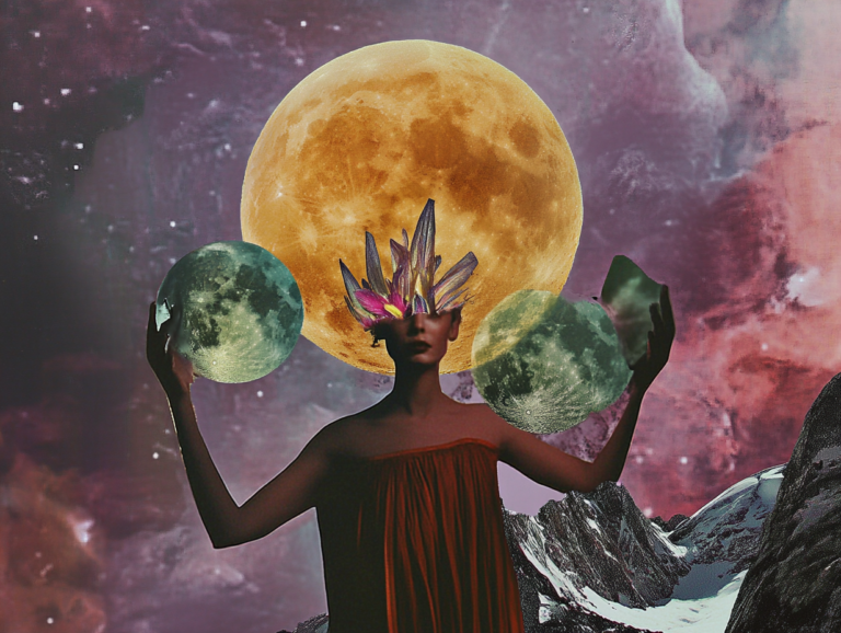 surrealist astrology collage representing the moon tarot card and the high priestess tarot card in light and shadows