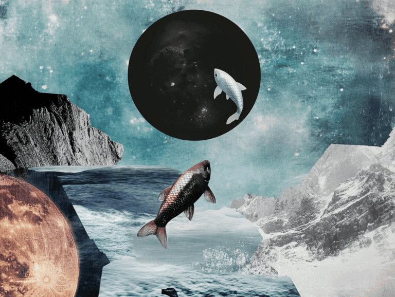 surrealist astrology collage representing the new moon in pisces