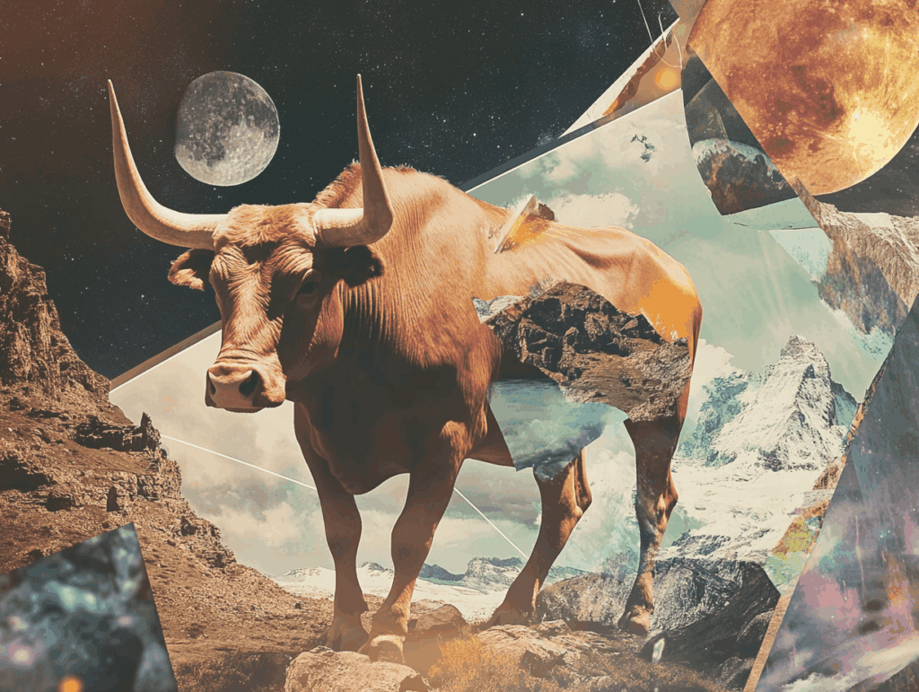 Surrealist astrology collage representing new moon in taurus