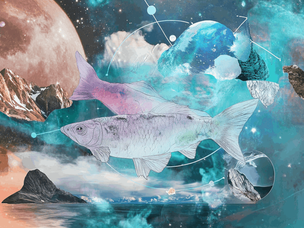 surrealist astrology collage representing pisces season 2026