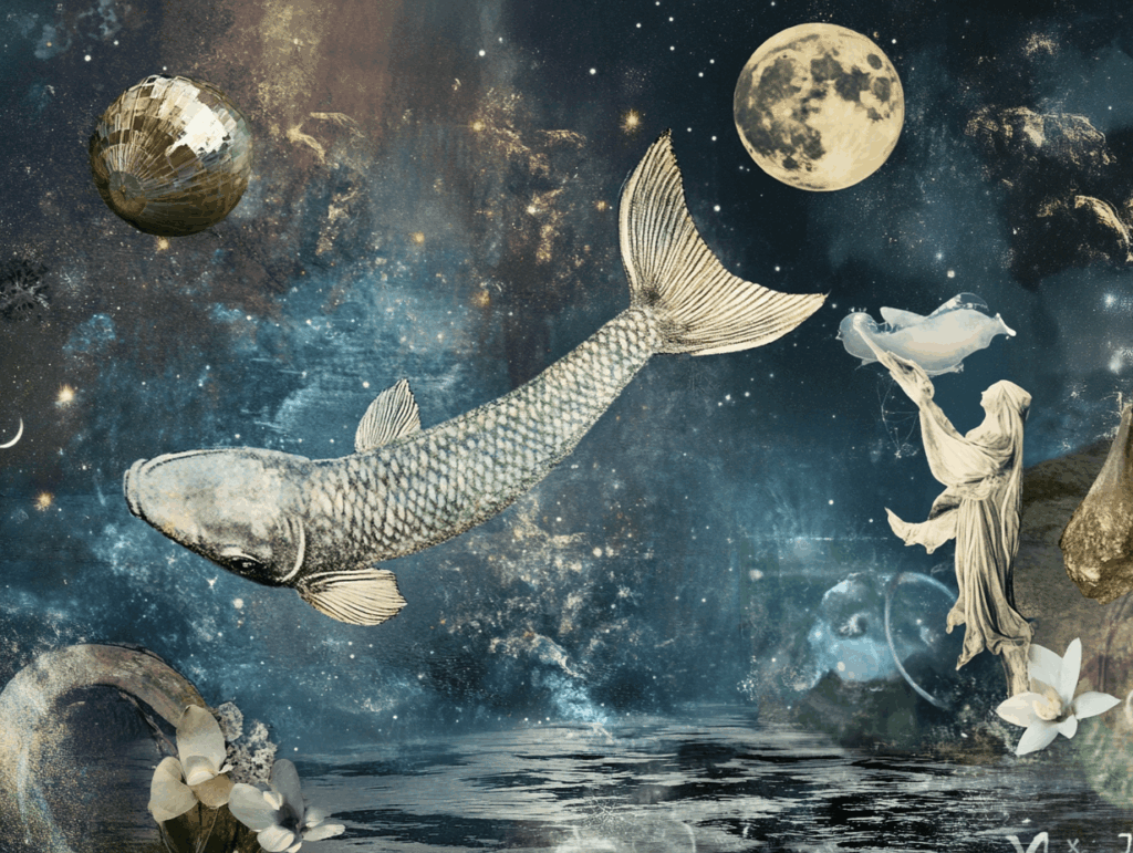 surrealist astrology collage representing the pisces zodiac sign