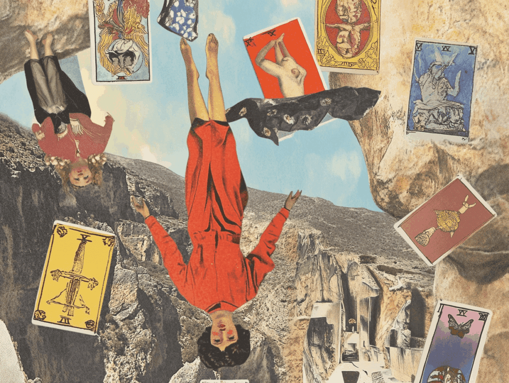 surrealist astrology collage representing the Reversed Tarot Cards
