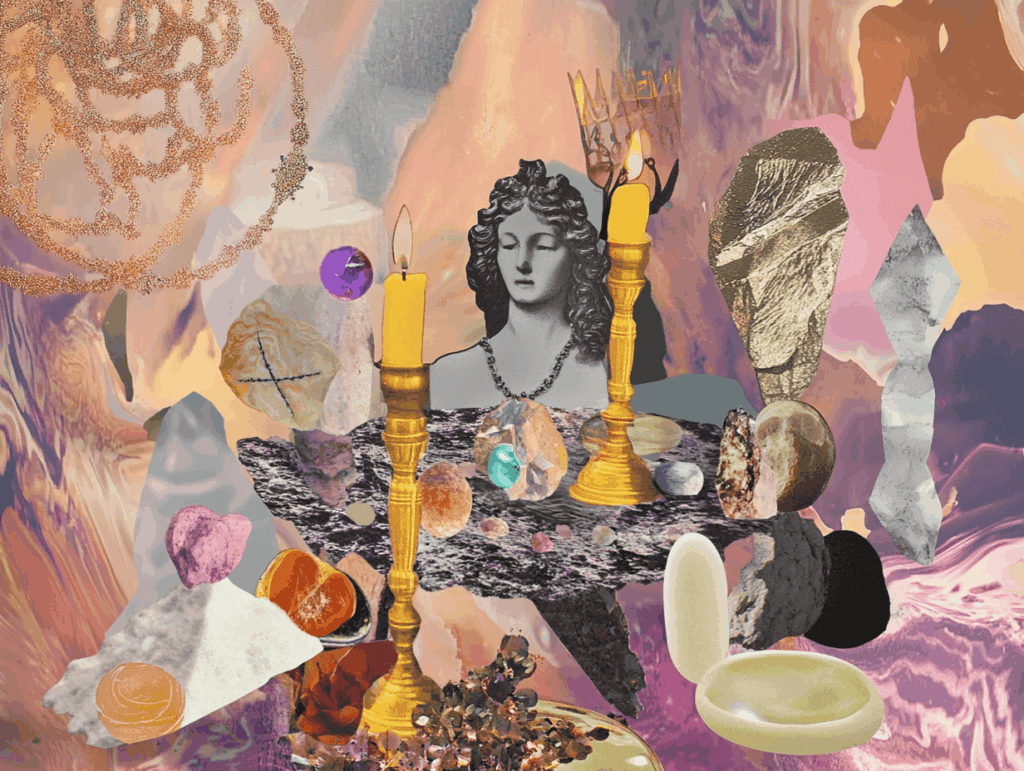 surrealist astrology collage representing the sacred tarot reading space rituals
