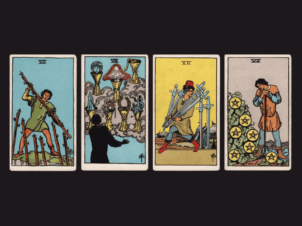 surrealist astrology collage representing the sevens in tarot
