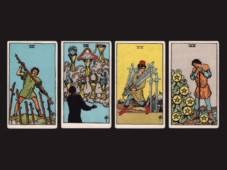 surrealist astrology collage representing the sevens in tarot