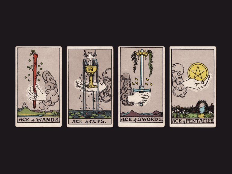 image with the aces in tarot cards, ace of wands, ace of swords, ace of cups, ace of pentacles