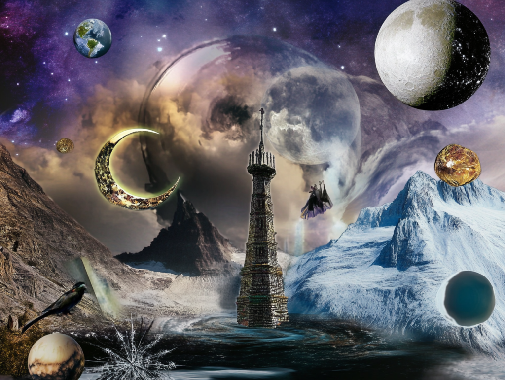 surrealist astrology collage representing the tower tarot card panic vs hope