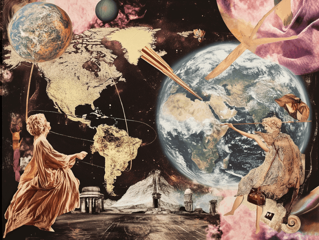 surrealist astrology collage representing the world tarot card closing ritual