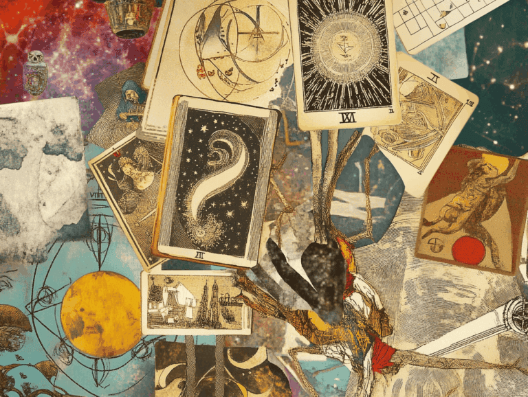 surrealist astrology collage representing the drawing the same tarot card