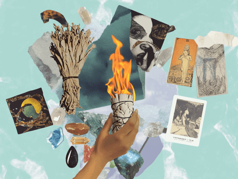 surrealist astrology collage representing how to cleanse your tarot deck