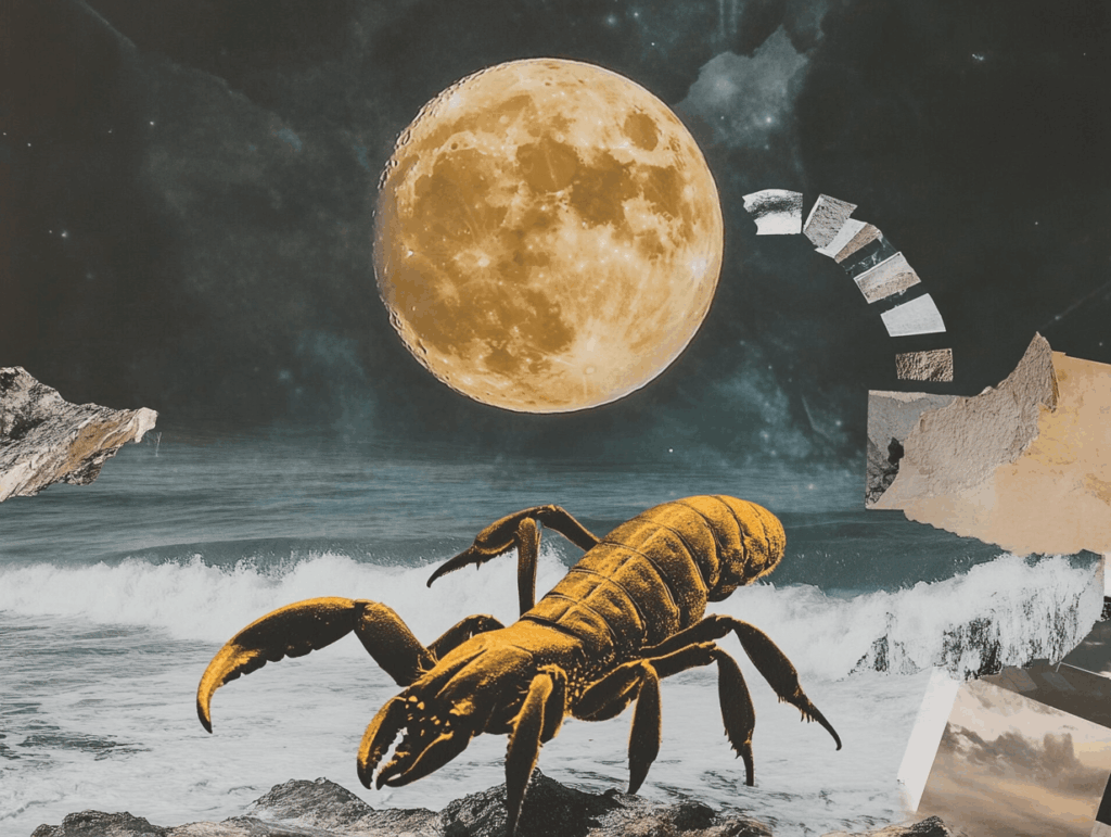 Surrealist astrology collage representing Full Moon in Scorpio 2026